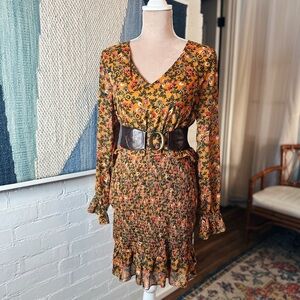 En Crème Floral Dress with Ruched Smocked Skirt and Balloon Sleeves